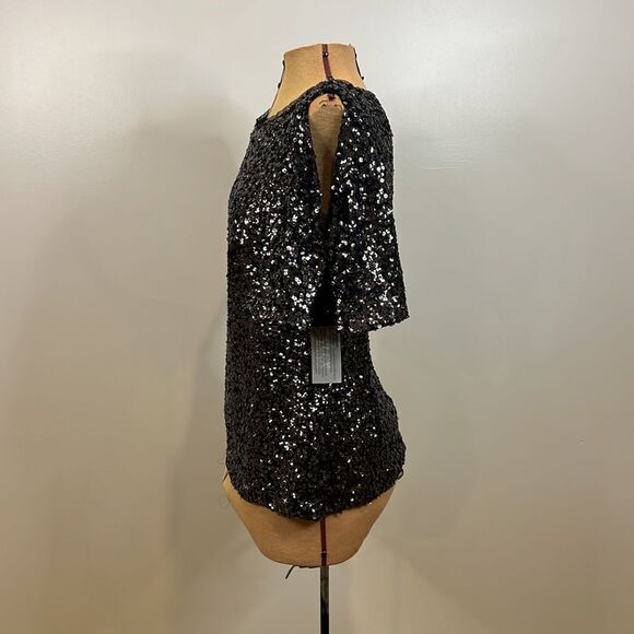 NWT Alex Evenings Black Sequin Cold Shoulder Blouse - Size Medium - Picture 7 of 14